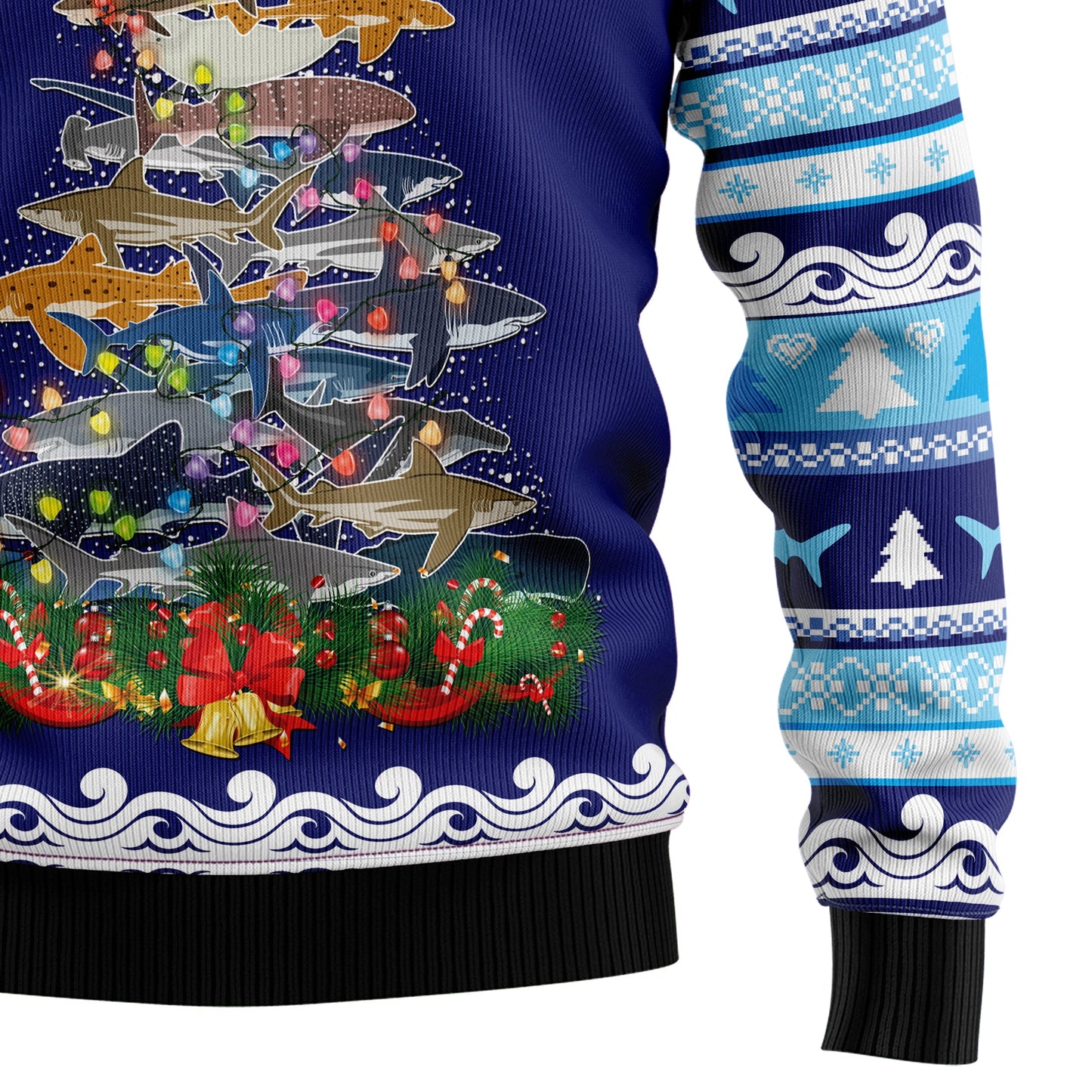 Shark Christmas Tree Ugly Christmas Sweater, Christmas Lights Shark Pine Tree Blue Ugly Sweater, Shark Lovers Christmas Crewneck Knitted Ugly Sweater