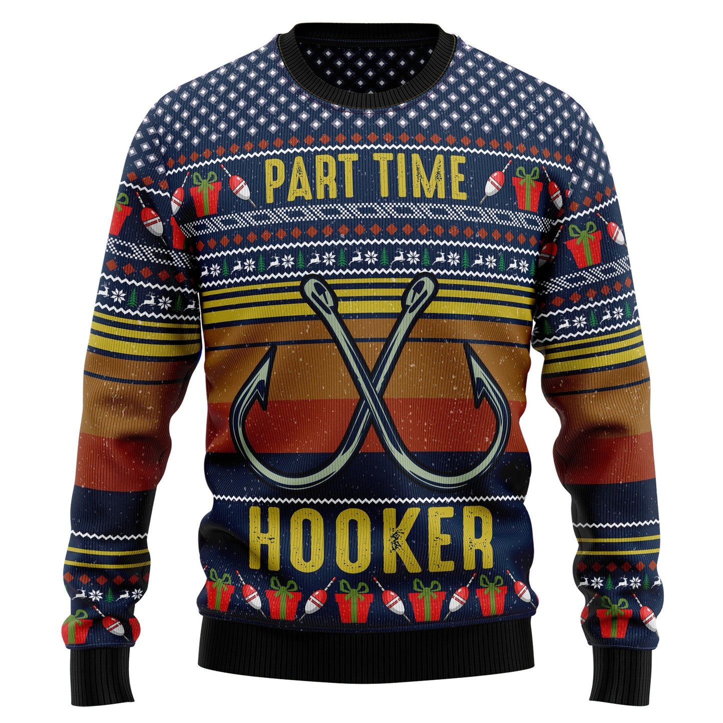 Part Time Hooker Fishing Ugly Christmas Sweater, Crossed Fishing Hook Christmas Ugly Sweaters, Fishing Lovers Christmas Crewneck Knitted Ugly Sweater