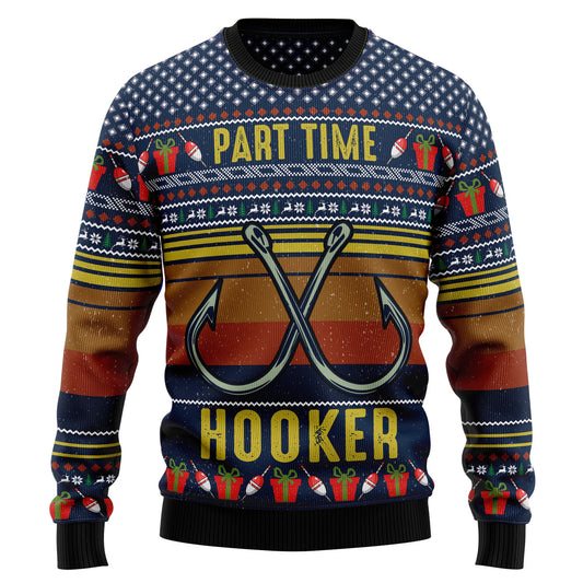 Part Time Hooker Fishing Ugly Christmas Sweater, Crossed Fishing Hook Christmas Ugly Sweaters, Fishing Lovers Christmas Crewneck Knitted Ugly Sweater