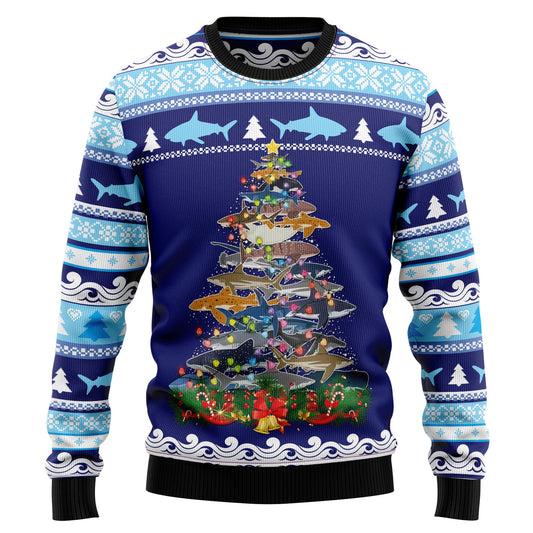 Shark Christmas Tree Ugly Christmas Sweater, Christmas Lights Shark Pine Tree Blue Ugly Sweater, Shark Lovers Christmas Crewneck Knitted Ugly Sweater