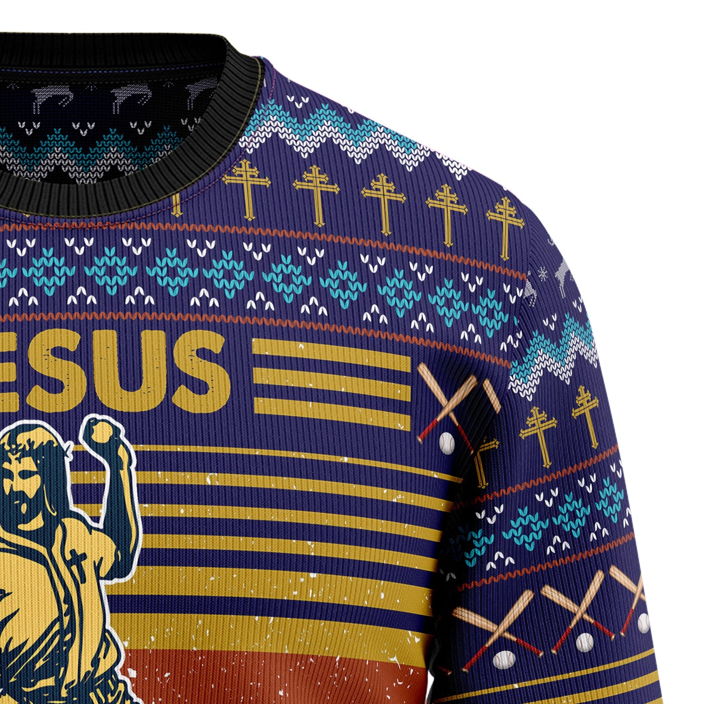 Baseball Jesus Save Ugly Christmas Sweater, Funny Jesus Playing Baseball Christmas Ugly Sweater, Baseball Jesus Xmas Crewneck Knitted Ugly Sweater