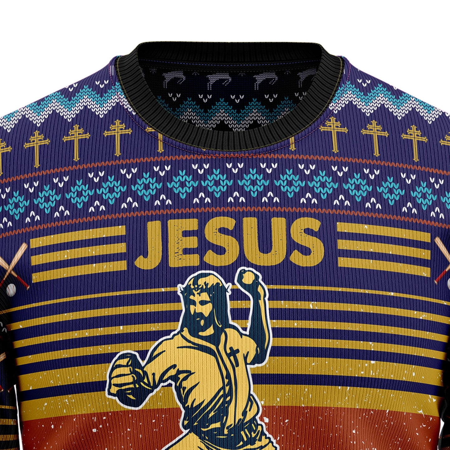 Baseball Jesus Save Ugly Christmas Sweater, Funny Jesus Playing Baseball Christmas Ugly Sweater, Baseball Jesus Xmas Crewneck Knitted Ugly Sweater