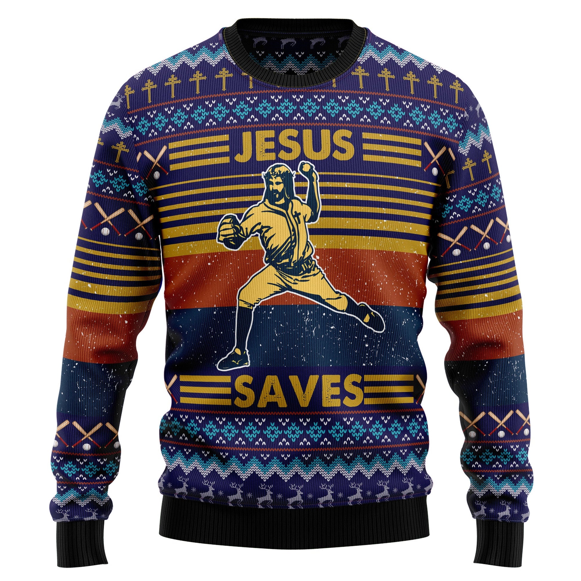 Baseball Jesus Save Ugly Christmas Sweater, Funny Jesus Playing Baseball Christmas Ugly Sweater, Baseball Jesus Xmas Crewneck Knitted Ugly Sweater