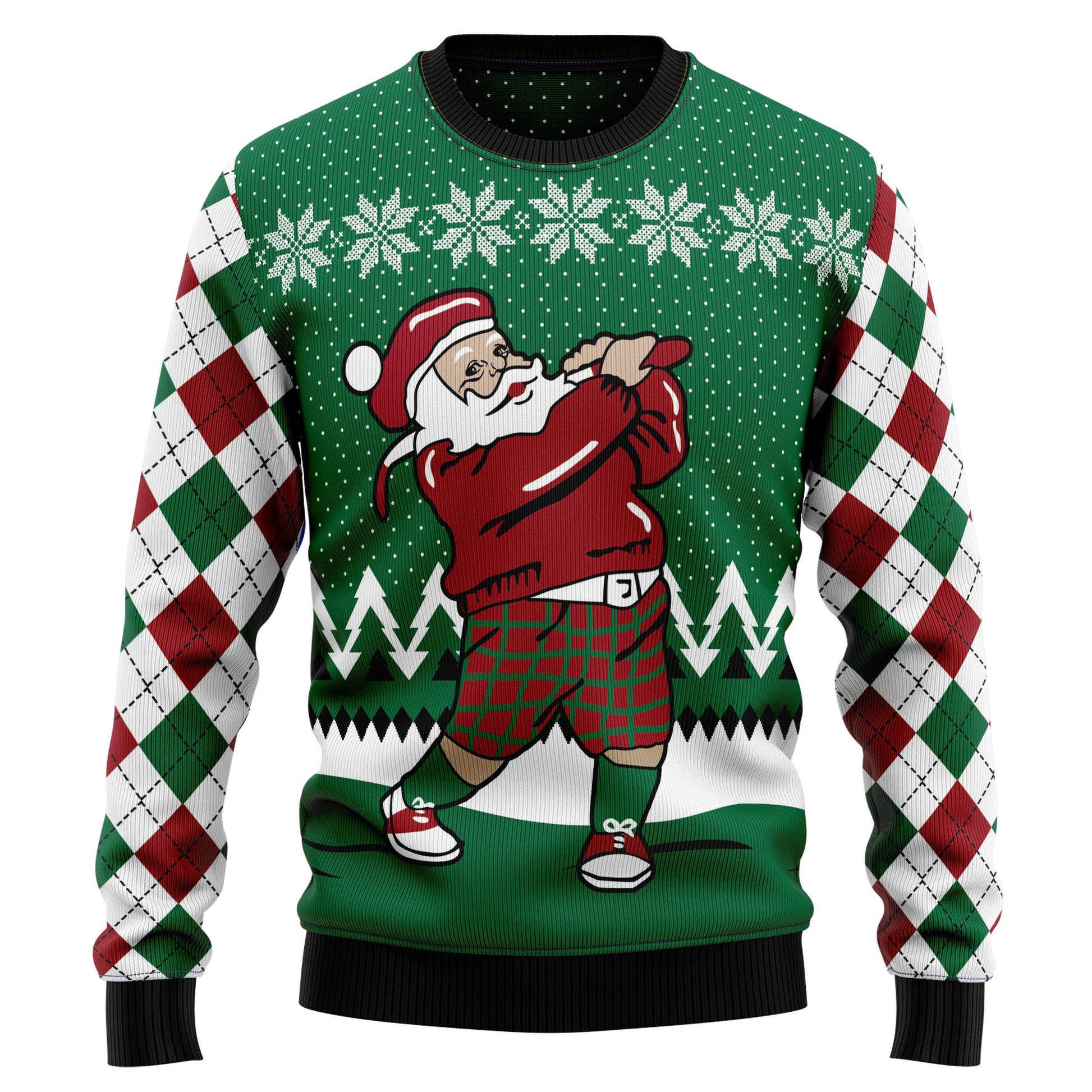 Golfer Santa Ugly Christmas Sweater For Men Women, Santa Love Golfing Snowflake Green Ugly Sweater, Xmas All-over Print Crewneck Knitted Ugly Sweater