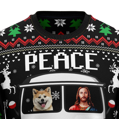 Christ & Shiba Inu Peace On Earth Ugly Christmas Sweater, Funny Jesus & Shiba On Camper Van Ugly Sweater, Christmas Crewneck Knitted Ugly Sweater