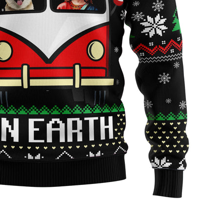 Christ & Shiba Inu Peace On Earth Ugly Christmas Sweater, Funny Jesus & Shiba On Camper Van Ugly Sweater, Christmas Crewneck Knitted Ugly Sweater