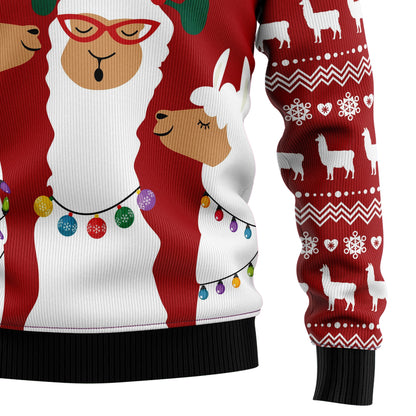 La La La Llama Ugly Christmas Sweater, Funny Llama Singing Christmas Red Ugly Sweater, Llama All-over Print Xmas Crewneck Knitted Ugly Sweater