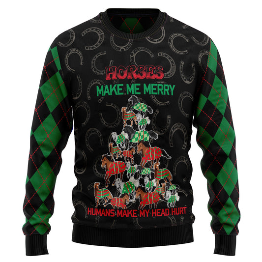 Christmas Horses Make Me Merry Ugly Christmas Sweater, Horse Christmas Tree Ugly Sweater, Horse All-over Print Crewneck Knitted Ugly Sweater