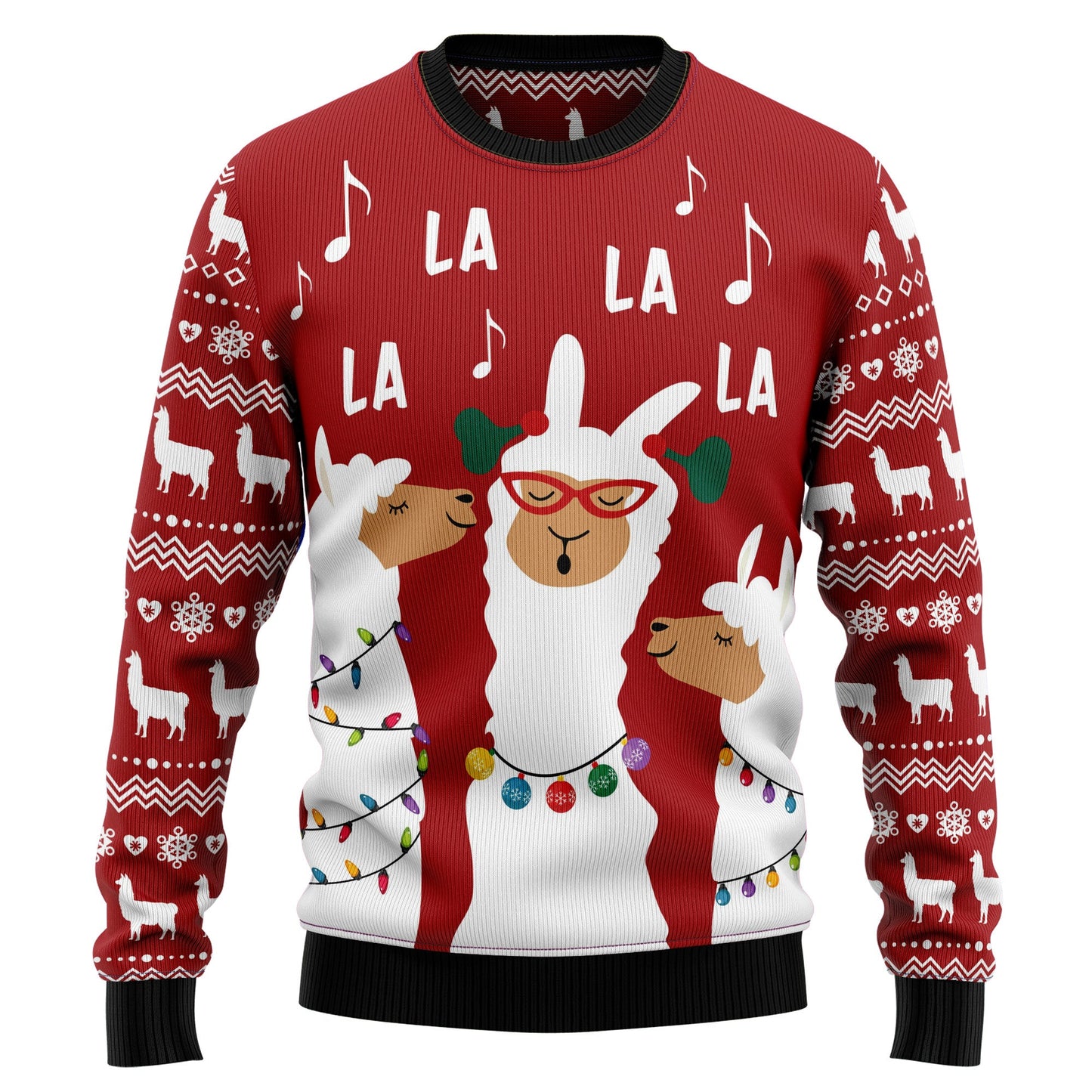 La La La Llama Ugly Christmas Sweater, Funny Llama Singing Christmas Red Ugly Sweater, Llama All-over Print Xmas Crewneck Knitted Ugly Sweater