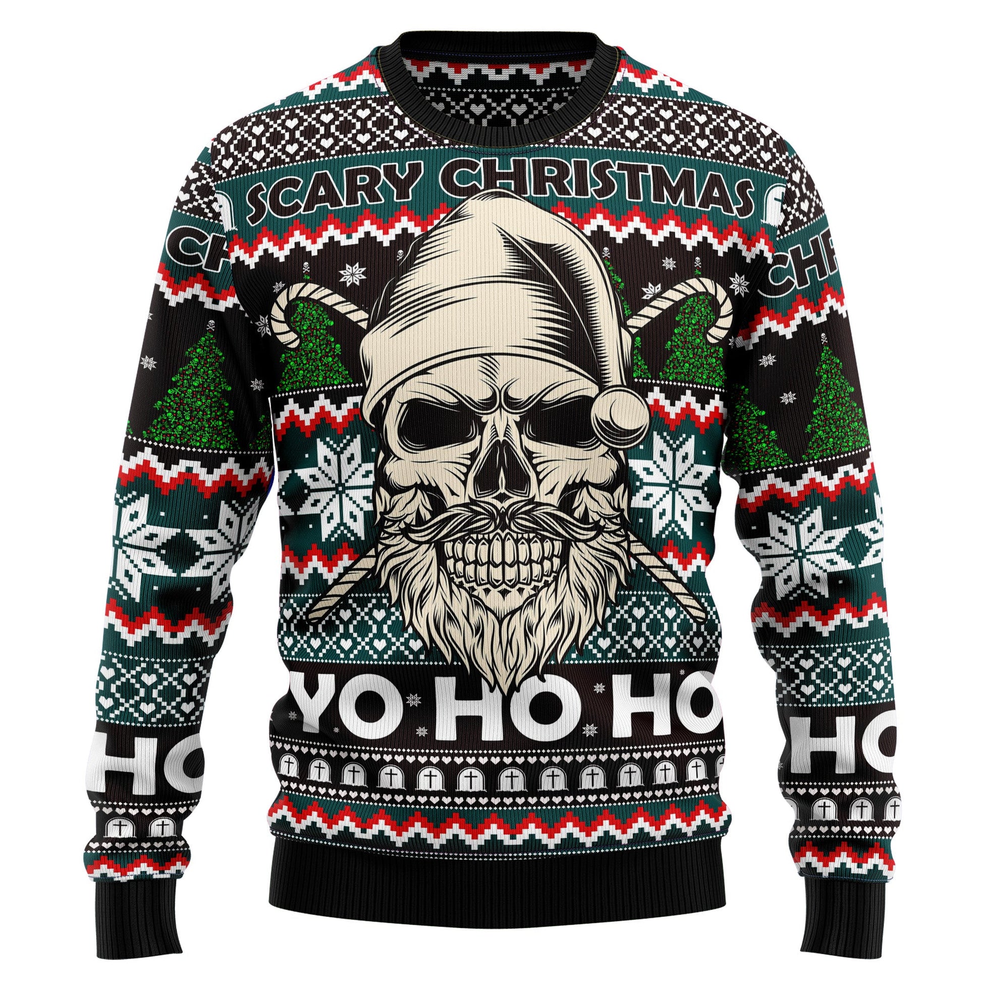 Scary Christmas Yo Ho Ho Skull Ugly Christmas Sweater, Santa Skull Christmas Pattern Aop Ugly Sweater, Xmas Skull Crewneck Knitted Ugly Sweater