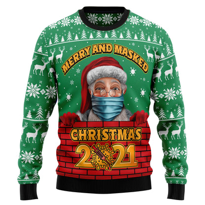 Merry And Masked Christmas 2021 Ugly Sweater, Santa Wearing Face Mask 3d Print Ugly Sweater,funny Social Distancing Crewneck Knitted Ugly Sweater