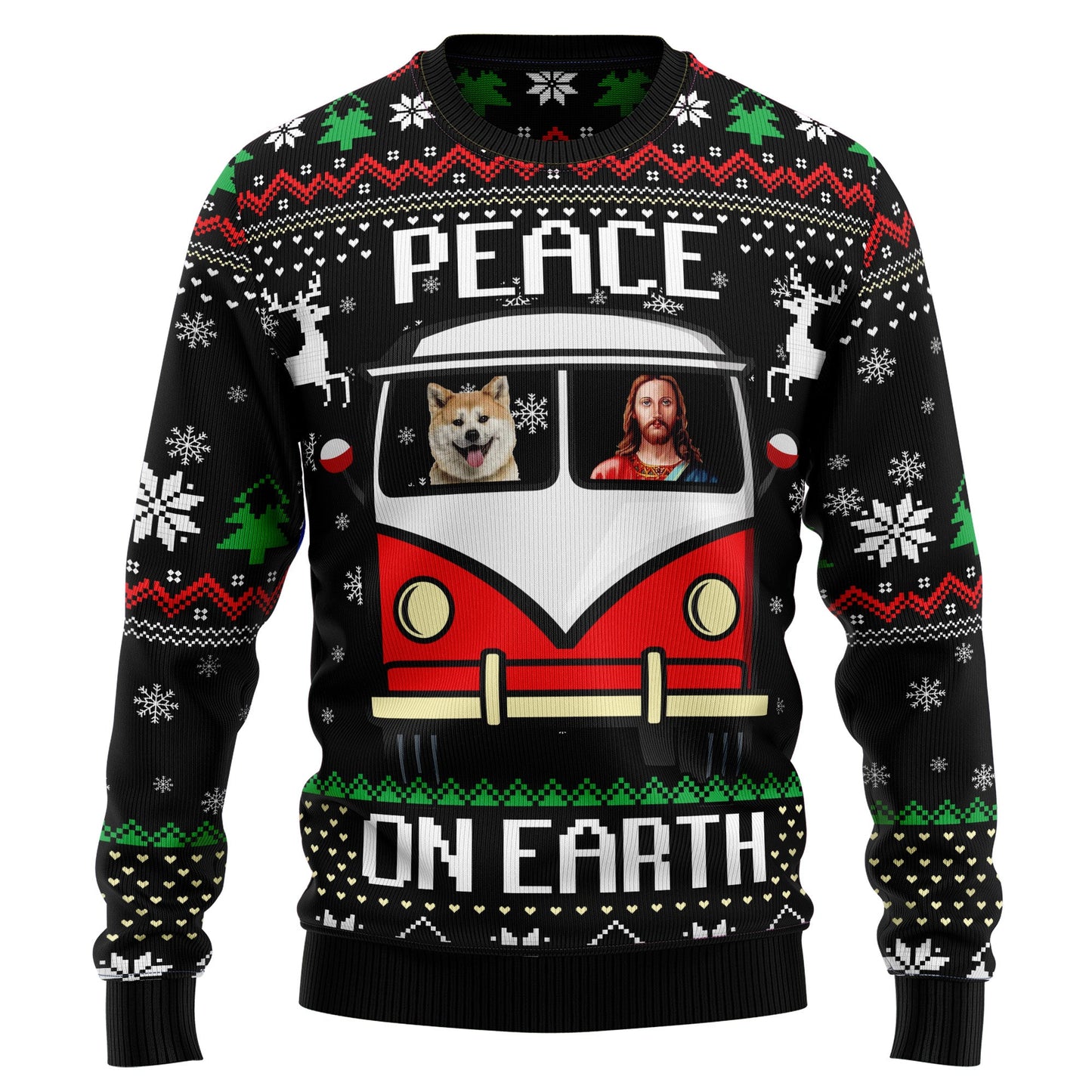 Christ & Shiba Inu Peace On Earth Ugly Christmas Sweater, Funny Jesus & Shiba On Camper Van Ugly Sweater, Christmas Crewneck Knitted Ugly Sweater