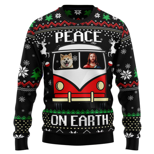 Christ & Shiba Inu Peace On Earth Ugly Christmas Sweater, Funny Jesus & Shiba On Camper Van Ugly Sweater, Christmas Crewneck Knitted Ugly Sweater