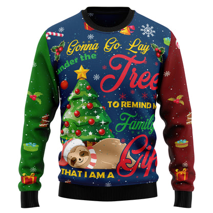 Remind My Family I'm A Gift Ugly Christmas Sweater, Funny Sloth Under Christmas Tree Ugly Sweater, Sloth Xmas Gift Crewneck Knitted Ugly Sweater