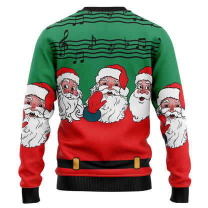 Christmas Santa Claus And Music Notes Ugly Xmas Sweater, Santa Red & Green All-over Print Ugly Sweater, Xmas Santa Crewneck Knitted Ugly Sweater
