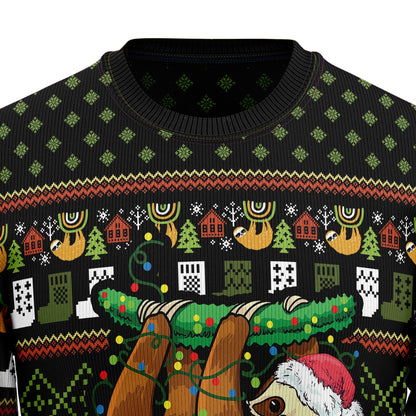 Hanging Sloth Santa Hat Ugly Christmas Sweater, Sloth Christmas Lights Ugly Sweater, Sloth Christmas All-over Print Crewneck Knitted Ugly Sweater