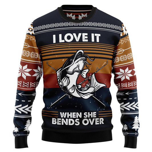 Fishing I Love It When She Bends Over Ugly Christmas Sweater, Fishing Vintage Aop Ugly Sweater, Love Fishing Xmas Crewneck Knitted Ugly Sweater