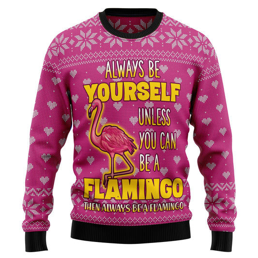 Be A Flamingo Pink Ugly Christmas Sweater, Flamingo Christmas Pattern All-over Print Ugly Sweater, Xmas Flamingo Crewneck Knitted Ugly Sweater