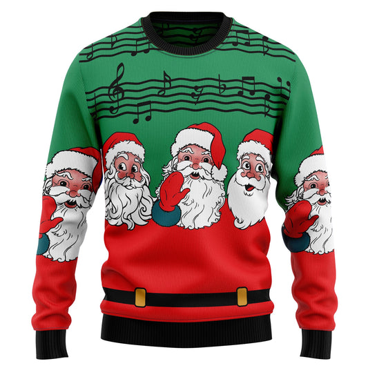 Christmas Santa Claus And Music Notes Ugly Xmas Sweater, Santa Red & Green All-over Print Ugly Sweater, Xmas Santa Crewneck Knitted Ugly Sweater