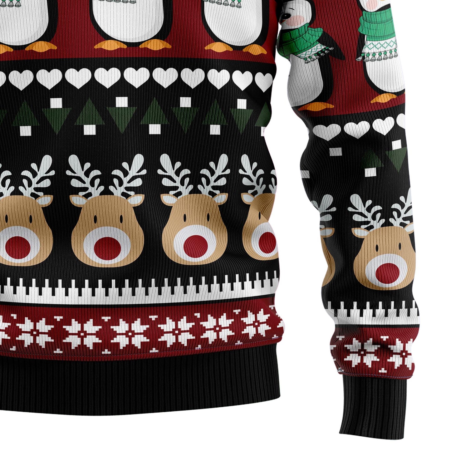 Penguin Group With Reindeer Ugly Christmas Sweater, Penguin Seamless Pattern Christmas Ugly Sweater, Penguin Lover Crewneck Knitted Ugly Sweater