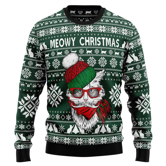 Angry White Cat Meowy Christmas Ugly Sweater, Cat Christmas Seamless All-over Print Green Ugly Sweater, Xmas Cat Lover Crewneck Knitted Ugly Sweater