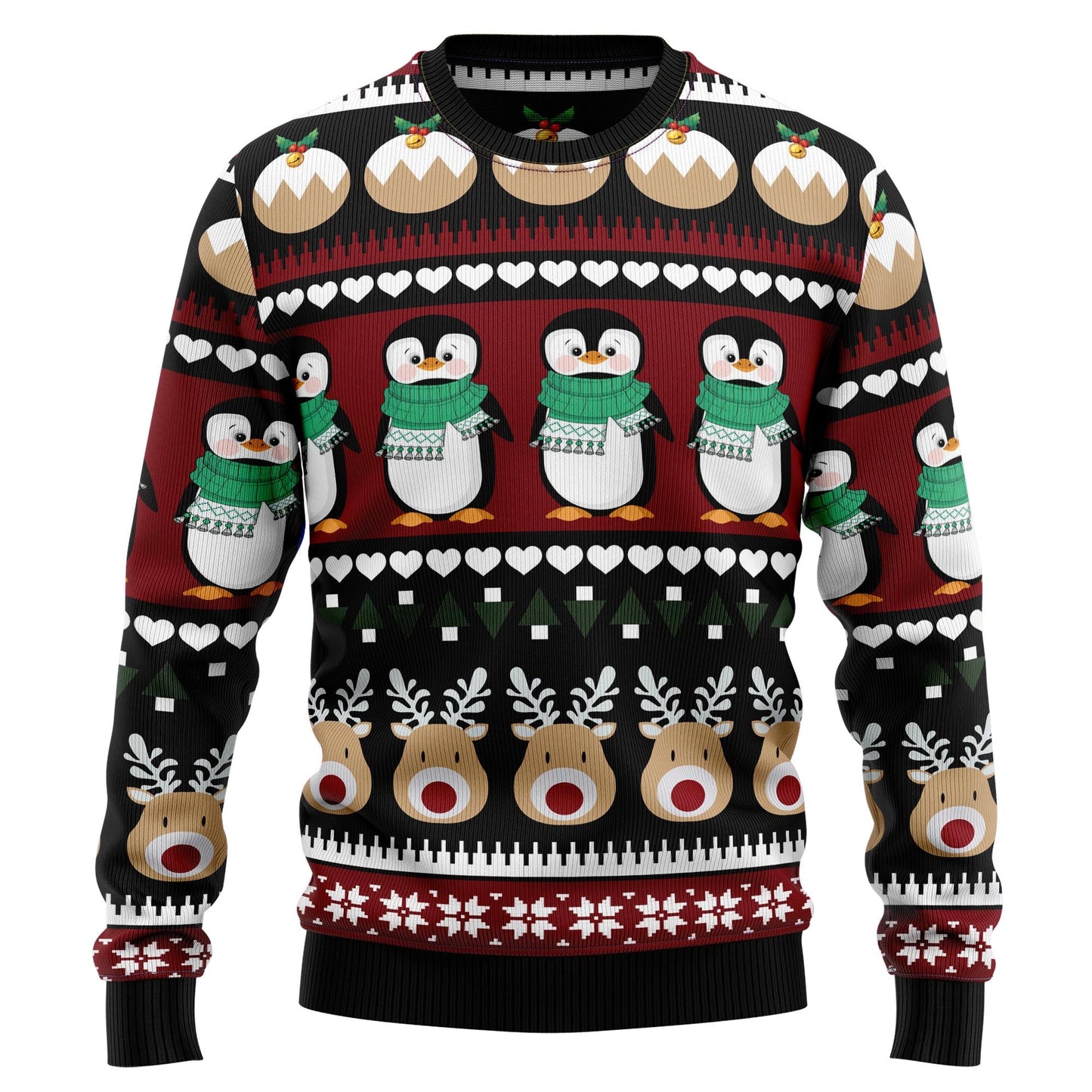 Penguin Group With Reindeer Ugly Christmas Sweater, Penguin Seamless Pattern Christmas Ugly Sweater, Penguin Lover Crewneck Knitted Ugly Sweater