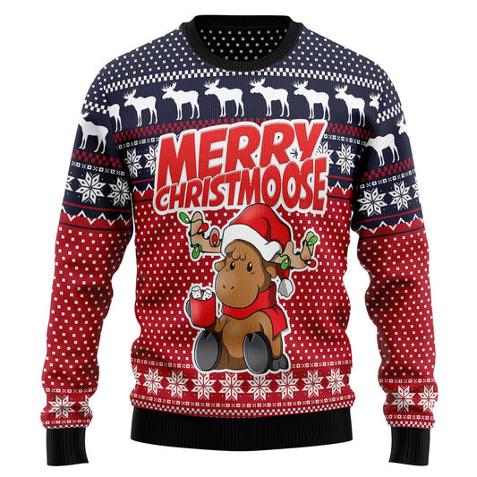 Santa Moose Merry Christmoose Ugly Christmas Sweaters, Baby Moose All-over Printed Ugly Sweater, Moose Christmas Crewneck Knitted Ugly Sweater