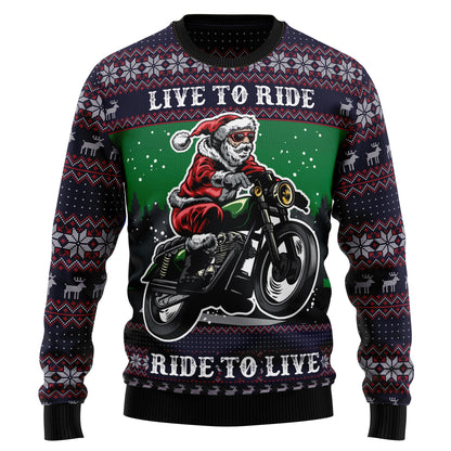 Santa Riding Motor Live To Ride Ugly Christmas Sweater, Motorcycle Santa Claus Xmas Ugly Sweater, Santa Biker Xmas Crewneck Knitted Ugly Sweater