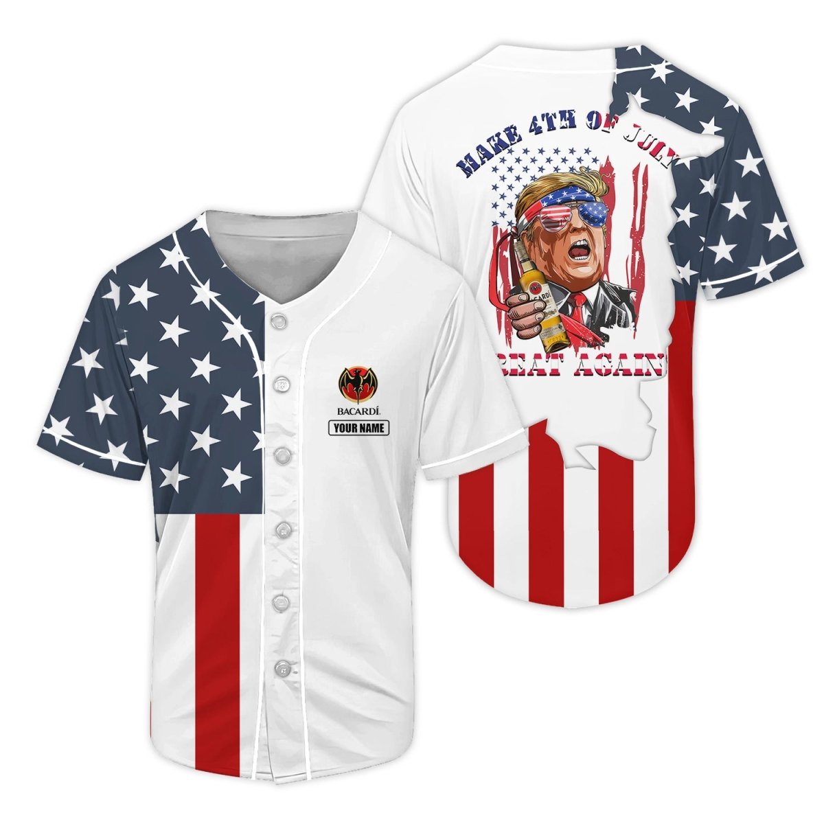 Custom Bacardi Rum Donald Trump Us Flag Baseball Jersey, Trump With Bacardi Rum White Baseball Jersey, Bacardi Rum 4th Of July Baseball Jersey