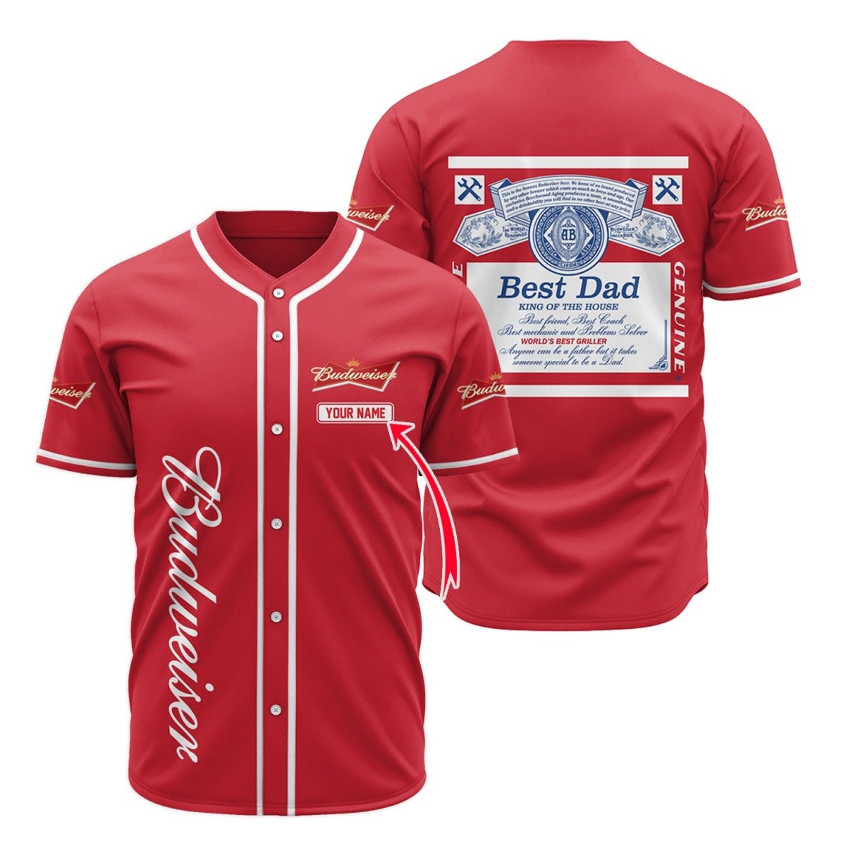 Personalized Budweiser Best Dad Baseball Jersey Shirts, Budweiser Beer Red Baseball Jersey, Red Budweiser Beer Unisex Baseball Jersey Shirts