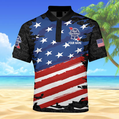 Personalized Pabst Blue Ribbon Freedom Eagle Polo Shirt, Pabst Blue Ribbon American Flag Golf Polo Shirt, Pabst Blue Ribbon 3d Men's Polo Shirt