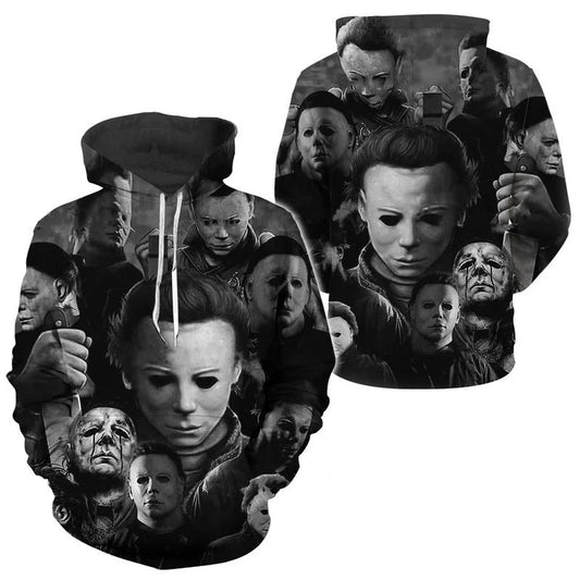 Halloween Michael Myers Face 3D Printed Hoodie, Michael Myers Pullover Hooded Sweatshirt, Horror Movies Black & White Michael Myers 3D Hoodies