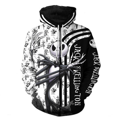 Jack Skellington Black White 3D Hoodie Zip Hoodie, Jack Skellington Pullover Hooded Sweatshirt, Nightmare Jack Skellington All Over Print Hoodies