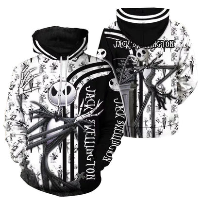 Jack Skellington Black White 3d Hoodie Zip Hoodie, Jack Skellington Pullover Hooded Sweatshirt, Nightmare Jack Skellington All Over Print Hoodies