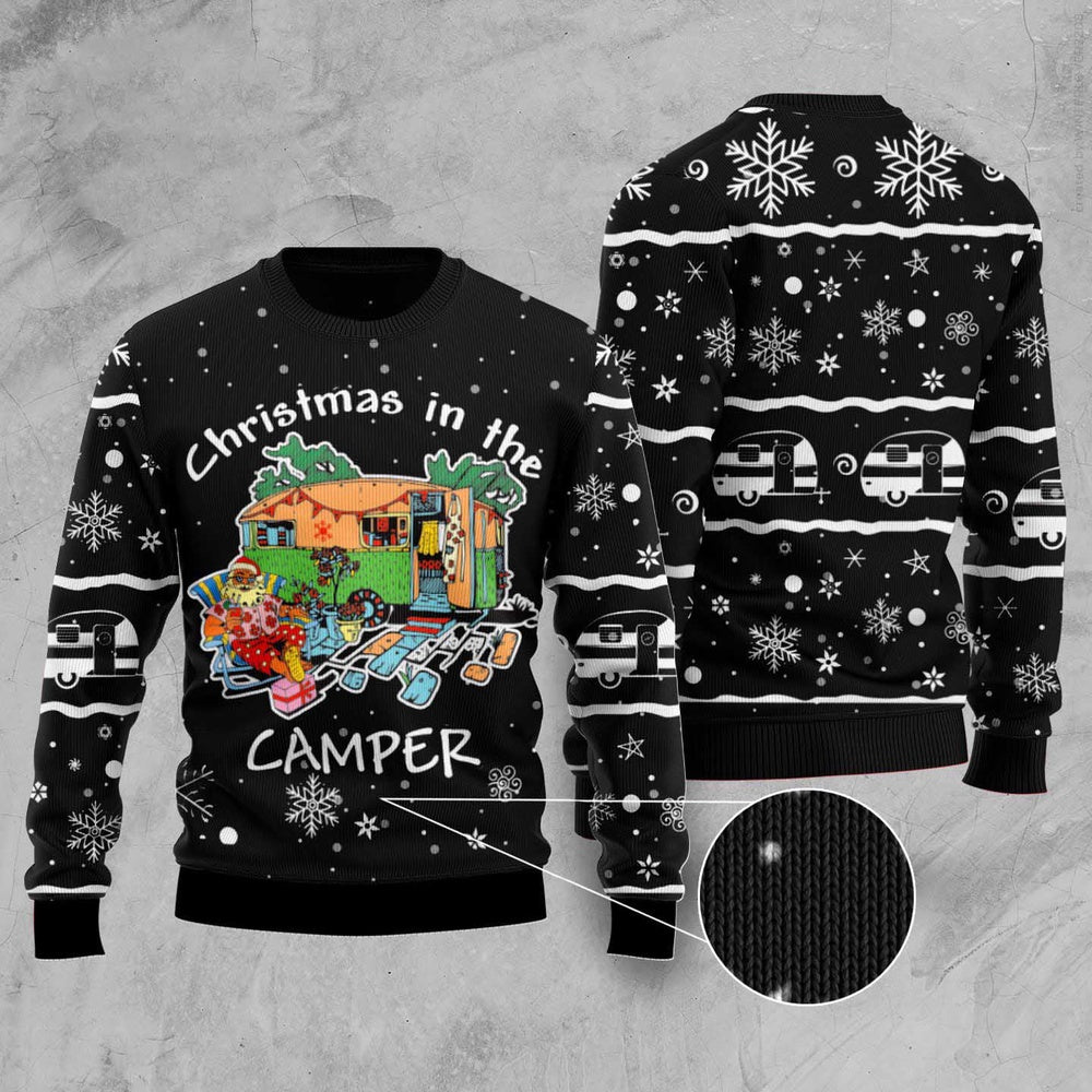 Santa Claus Christmas In The Camper Ugly Xmas Sweater, Santa Happy Camper Snowflakes Black Ugly Sweater, Funny Santa Camping Knitted Ugly Sweater