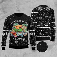 Santa Claus Christmas In The Camper Ugly Xmas Sweater, Santa Happy Camper Snowflakes Black Ugly Sweater, Funny Santa Camping Knitted Ugly Sweater