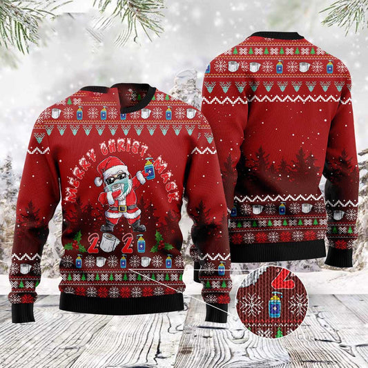 Dabbing Santa Merry Christ-mask 2021 Red Ugly Xmas Sweater, Social Distancing Covid Ugly Sweater, Funny Santa Quarantine Knitted Ugly Sweater