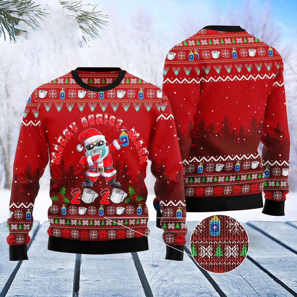 Dabbing Santa Merry Christ-mask 2020 Red Ugly Xmas Sweater, Social Distancing Covid Ugly Sweater, Funny Santa Quarantine Knitted Ugly Sweater