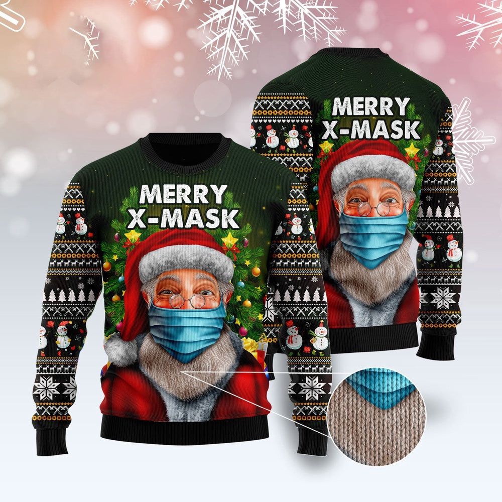 Santa Claus Merry X-mask Ugly Christmas Sweater, Santa Wearing Face Mask 3d Printed Ugly Sweater, Funny Christmas Pattern Knitted Ugly Sweater