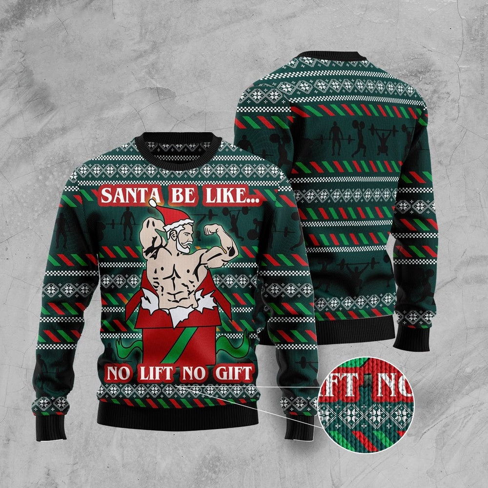 Santa No Lift No Gift Ugly Christmas Sweater, Funny Muscle Santa Christmas Ugly Sweater, Weightlifting Fitness Gym Xmas Knitted Ugly Sweater