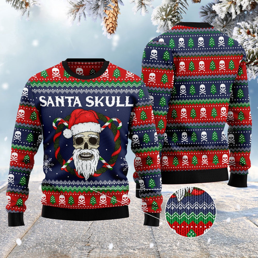 Candy Cane Santa Skull Ugly Christmas Sweater, Skull With Pine Tree Pattern Aop Christmas Ugly Sweater, Xmas Santa Skull Knitted Ugly Sweater