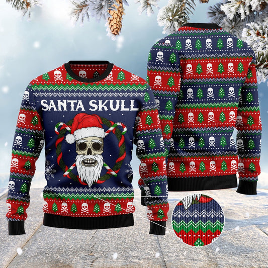 Candy Cane Santa Skull Ugly Christmas Sweater, Skull With Pine Tree Pattern Aop Christmas Ugly Sweater, Xmas Santa Skull Knitted Ugly Sweater