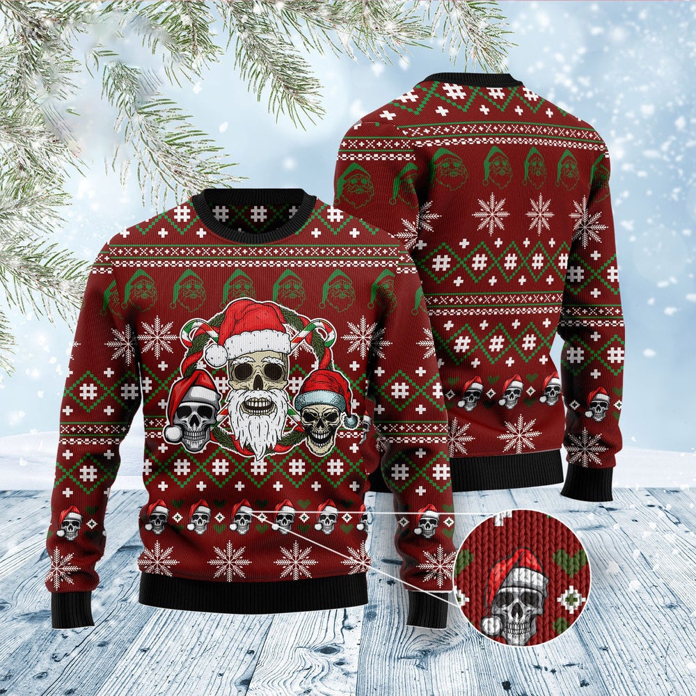 Santa Skull Jolly Ugly Christmas Sweater, Skull Santa Hat Aop Christmas Red Ugly Sweater, Christmas Santa Skull Crewneck Knitted Ugly Sweater