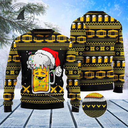 Funny Beer Mug Ugly Christmas Sweater, Funny Beer Mug With Santa Hat Christmas Ugly Sweater, Beers All-over Printed Crewneck Knitted Ugly Sweater