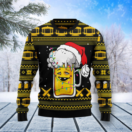 Funny Beer Mug Ugly Christmas Sweater, Funny Beer Mug With Santa Hat Christmas Ugly Sweater, Beers All-over Printed Crewneck Knitted Ugly Sweater