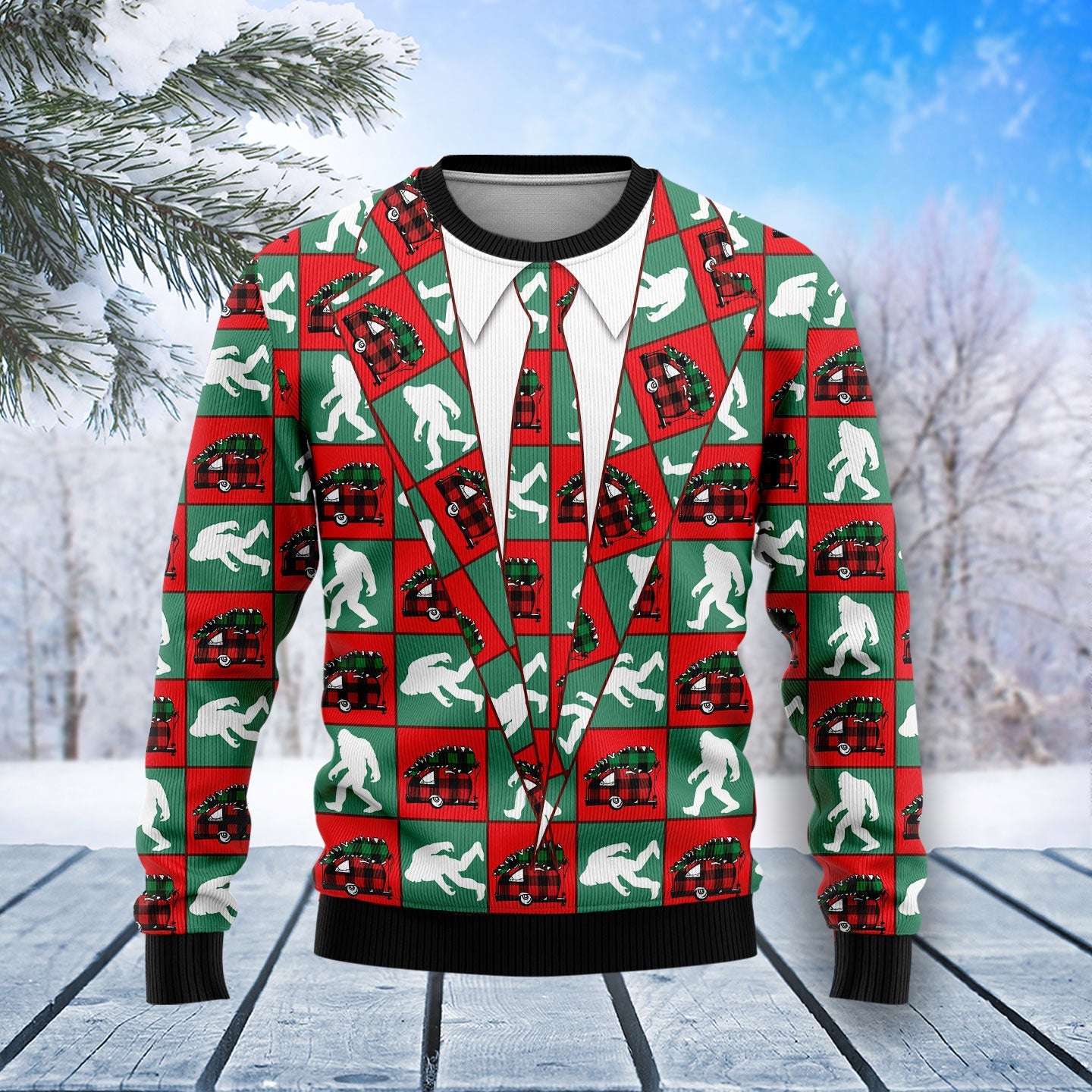 Bigfoot Camping Red & Green Plaid Ugly Christmas Sweater, Bigfoot Camper All-over Printed Ugly Sweater, Bigfoot Crewneck Knitted Ugly Sweater