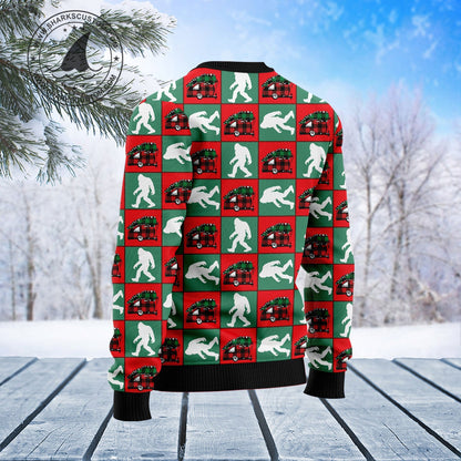 Bigfoot Camping Red & Green Plaid Ugly Christmas Sweater, Bigfoot Camper All-over Printed Ugly Sweater, Bigfoot Crewneck Knitted Ugly Sweater