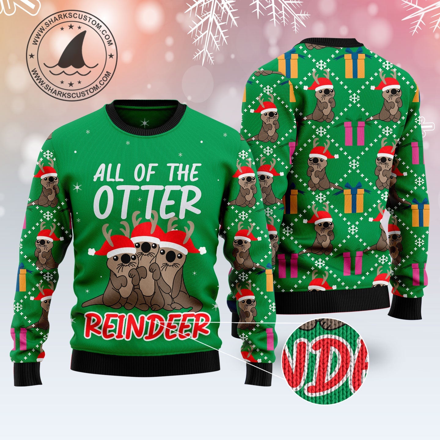 All Of The Otter Reindeer Ugly Christmas Sweater, Cute Otters Santa Hat Christmas Green Ugly Sweater, Otter Lover Crewneck Knitted Ugly Sweater