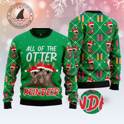 All Of The Otter Reindeer Ugly Christmas Sweater, Cute Otters Santa Hat Christmas Green Ugly Sweater, Otter Lover Crewneck Knitted Ugly Sweater