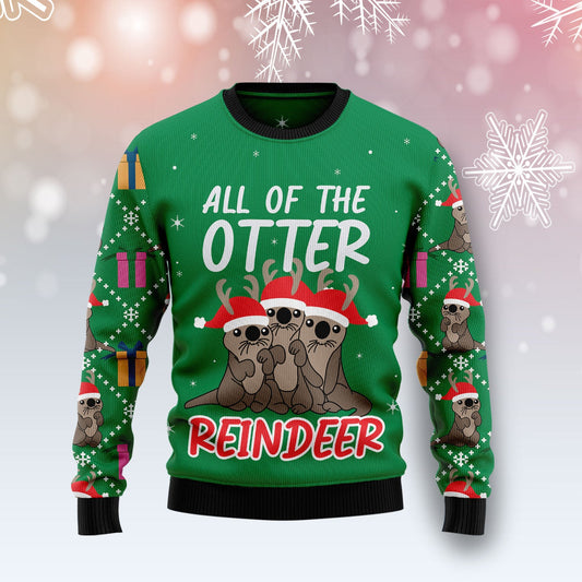 All Of The Otter Reindeer Ugly Christmas Sweater, Cute Otters Santa Hat Christmas Green Ugly Sweater, Otter Lover Crewneck Knitted Ugly Sweater